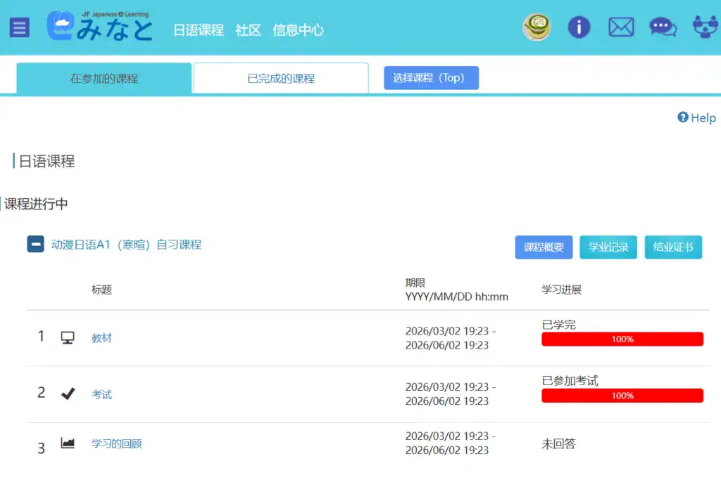 Minato 線上日語課程的課程進度頁面