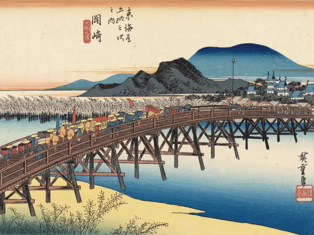 歌川廣重《東海道五十三次》系列之《岡崎:矢矧之橋》示意圖